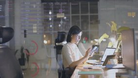 Talking on phone and working on laptop, woman with data analytics animation over office. Business, technology, communication, multitasking, corporate, digital - Powered by Shutterstock - Get 15% off with code: PIKWIZARD15