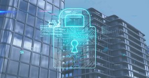 Digital padlock and data security animation over modern office buildings. Cybersecurity, encryption, data protection, information security, corporate security, digital lock - Powered by Shutterstock - Get 15% off with code: PIKWIZARD15