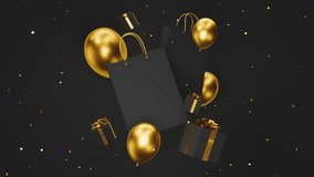 Black gift boxes, shopping bags, golden balloons and confetti floating against dark background. Shopping offer concept. Black Friday Sale advertisement 3d render animation loop. 3D Illustration - Powered by Shutterstock - Get 15% off with code: PIKWIZARD15