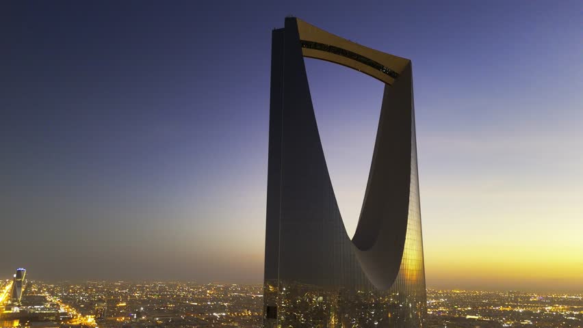 Drone shot flying. Saudi Arabia. Riyadh. Kingdom tower. Sunset. Evening.