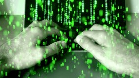 Hacker coding on laptop, green binary numbers streaming across the screen - Powered by Shutterstock - Get 15% off with code: PIKWIZARD15