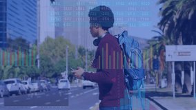 Financial data animation over person with backpack using smartphone on city street. Finance, technology, urban, statistics, mobility, digital - Powered by Shutterstock - Get 15% off with code: PIKWIZARD15