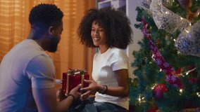 African american boyfriend surprising his girlfriend with a Christmas gift at home in a joyful moment. She expresses happiness and affection, hugging him warmly in a festive season. - Powered by Shutterstock - Get 15% off with code: PIKWIZARD15