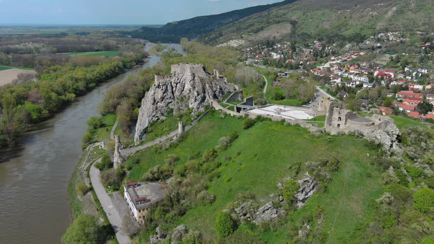 Aerial view of ruin castle Devin. Confluence of Danube and Morava rivers, Bratislava, Slovakia, 4k