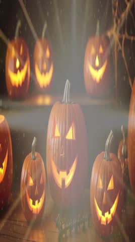 Halloween pumpkin Jack O Lantern face background party autumn 2024. Smile and scary eyes Jack o lanterns seamless loop, horizontal banner, halloween night decorative. 31st october event 4K video 