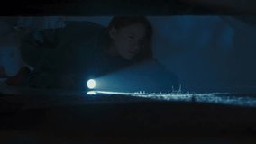 Woman on the floor in dark room checking space under bed with flashlight, looking around for monster, view from underneath bed. Halloween horror concept. - Powered by Shutterstock - Get 15% off with code: PIKWIZARD15