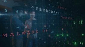 Warning and malware detection animation over people discussing in office. Cybersecurity, threat detection, technology, teamwork, collaboration, alert - Powered by Shutterstock - Get 15% off with code: PIKWIZARD15