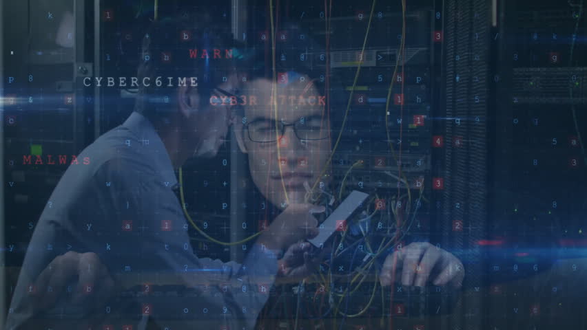 Cybercrime and malware detected animation over people working with network cables. Cybersecurity, hacking, data, attack, protection, prevention - Powered by Shutterstock - Get 15% off with code: PIKWIZARD15