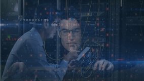 Cybercrime and malware detected animation over people working with network cables. Cybersecurity, hacking, data, attack, protection, prevention - Powered by Shutterstock - Get 15% off with code: PIKWIZARD15