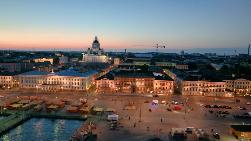 4k Aerial view of famous places architectural landmarks Lutheran Christian Cathedral Church at the Senate Square in Helsinki, Finland
