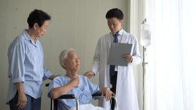 Asian doctor check up on elderly wheelchair patient disease treatment hospital 4k - Powered by Shutterstock - Get 15% off with code: PIKWIZARD15