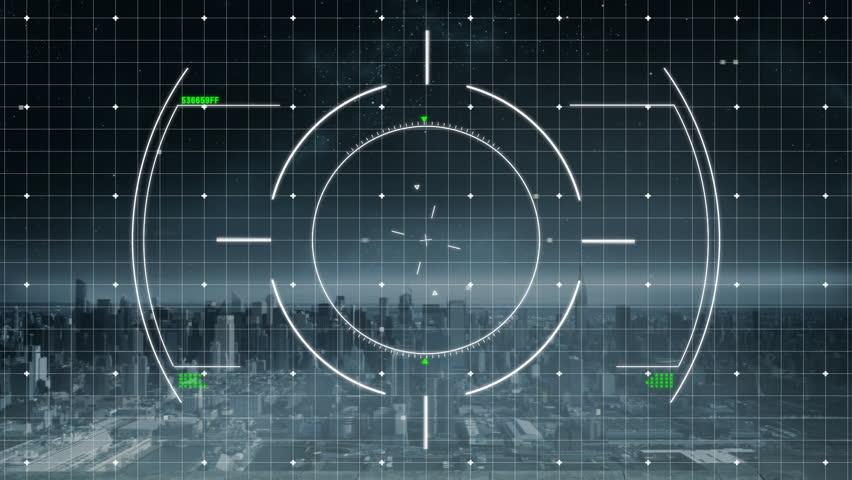 Targeting system animation over cityscape with grid and green indicators. Technology, digital, network, data, urban, tracking