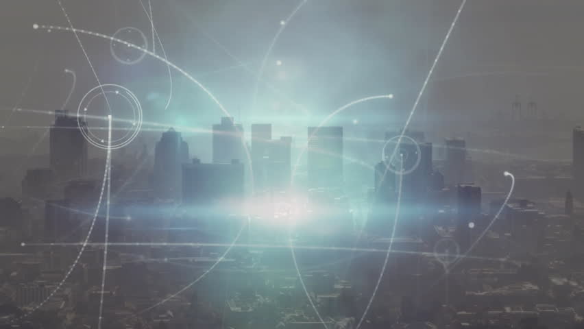 City skyline with futuristic data processing animation over buildings. Technology, innovation, cityscape, digital, analytics, urban - Powered by Shutterstock - Get 15% off with code: PIKWIZARD15