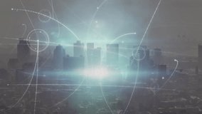 City skyline with futuristic data processing animation over buildings. Technology, innovation, cityscape, digital, analytics, urban - Powered by Shutterstock - Get 15% off with code: PIKWIZARD15