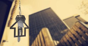 House-shaped keychain animation over skyscrapers in urban cityscape. Real estate, property, skyline, architecture, modern, development - Powered by Shutterstock - Get 15% off with code: PIKWIZARD15