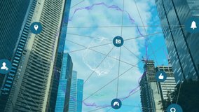 Social media icons and network connections animation over city skyscrapers. networking, technology, cityscape, digital, internet, urban - Powered by Shutterstock - Get 15% off with code: PIKWIZARD15