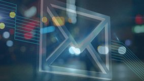 Email icon and digital lines animation over blurred cityscape background. Communication, technology, networking, internet, connection, modern - Powered by Shutterstock - Get 15% off with code: PIKWIZARD15