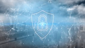Lock and shield icon with network connections animation over cityscape. Cybersecurity, privacy, protection, technology, digital, internet - Powered by Shutterstock - Get 15% off with code: PIKWIZARD15