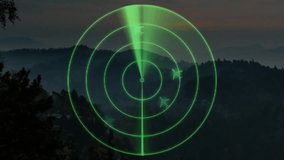 Radar scanning animation over forested mountain landscape at dusk. Technology, surveillance, nature, mountains, evening, tracking - Powered by Shutterstock - Get 15% off with code: PIKWIZARD15