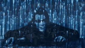 Hacker in sunglasses typing over digital rain animation and cityscape. Cybersecurity, technology, coding, computer, encryption, cybercrime - Powered by Shutterstock - Get 15% off with code: PIKWIZARD15