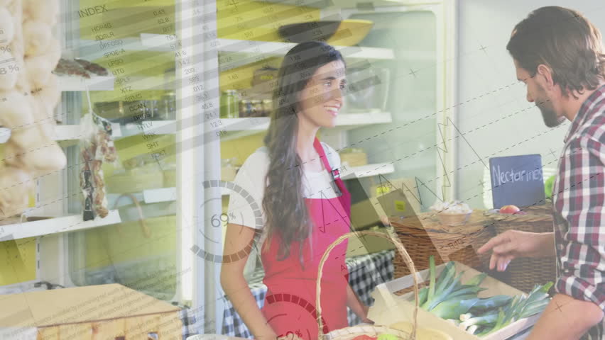 Data analytics and statistics animation over grocery store scene with customers and staff. retail, shopping, technology, big data, graphs, charts - Powered by Shutterstock - Get 15% off with code: PIKWIZARD15