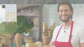 Smiling baker holding bread, financial data processing animation over bakery scene. baking, business, finance, technology, professional, entrepreneur - Powered by Shutterstock - Get 15% off with code: PIKWIZARD15