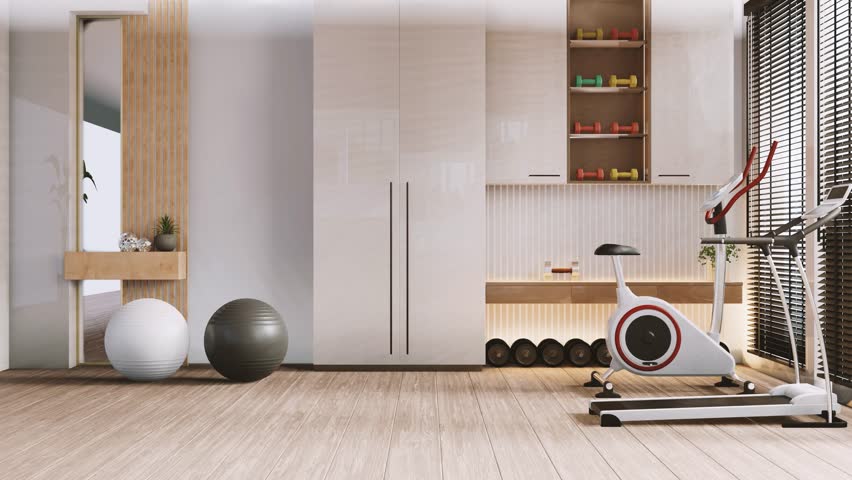 Modern gym interior with sport and fitness equipment on white wall background- 3D rendering
