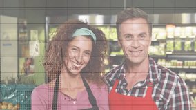 Smiling grocery store workers with sales graph animation over their image. Retail, teamwork, customer service, marketing, growth, success - Powered by Shutterstock - Get 15% off with code: PIKWIZARD15