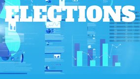ELECTIONS text animation over various data charts and graphs on blue background. Voting, democracy, politics, data analysis, statistics, infographic - Powered by Shutterstock - Get 15% off with code: PIKWIZARD15