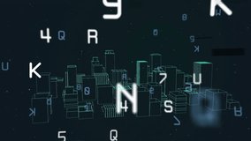 Digital letters and numbers animation over wireframe cityscape at night. Technology, futuristic, virtual, urban, matrix, data - Powered by Shutterstock - Get 15% off with code: PIKWIZARD15