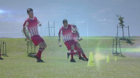 Football players training with cones, network connections animation over field. Soccer, exercise, teamwork, digital, technology, connectivity - Powered by Shutterstock - Get 15% off with code: PIKWIZARD15