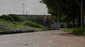 Jogging on park path, woman with network connections animation over greenery. Fitness, exercise, technology, digital, connectivity, nature - Powered by Shutterstock - Get 15% off with code: PIKWIZARD15