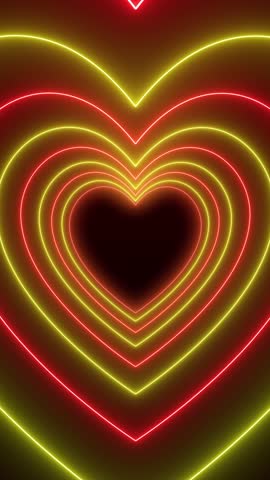 Vertical video animation of many hearts in neon red and yellow on dark background - abstract background - seamless loop.