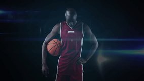 Holding basketball, athlete with network connections animation over dark background. Sport, technology, digital, futuristic, competition, fitness - Powered by Shutterstock - Get 15% off with code: PIKWIZARD15