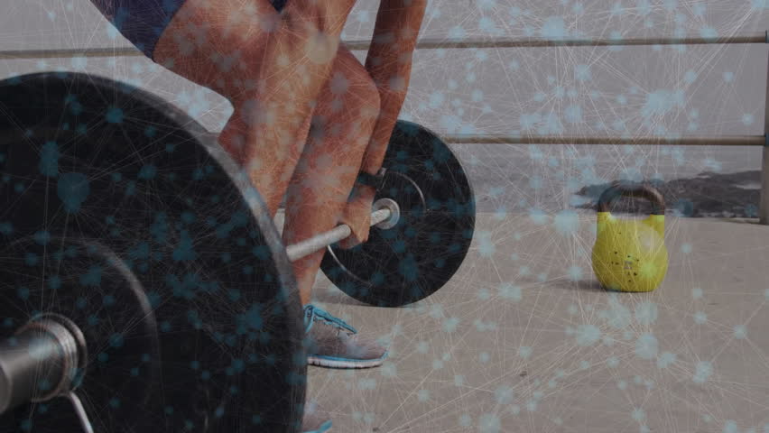 Lifting weights, woman exercising over network connections animation. Fitness, exercise, technology, online, virtual, digital