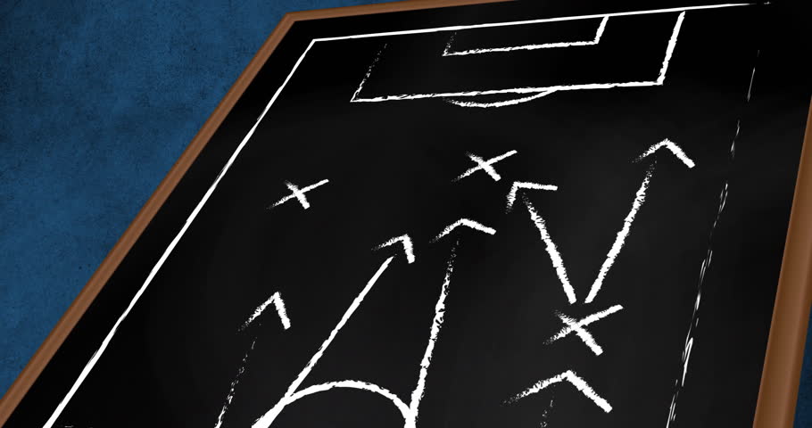 Chalkboard football strategy animation with arrows and crosses over black background. sports, soccer, tactics, coaching, game plan, blackboard