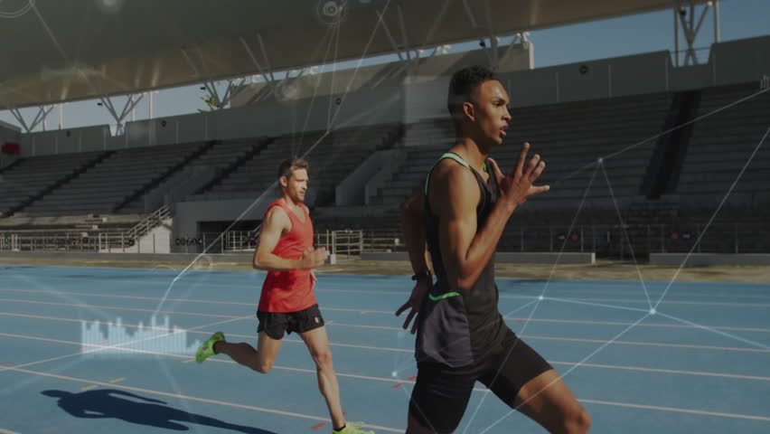 Running athletes on track with data analysis animation over stadium background. Athletics, sports, technology, competition, performance, training - Powered by Shutterstock - Get 15% off with code: PIKWIZARD15