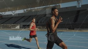 Running athletes on track with data analysis animation over stadium background. Athletics, sports, technology, competition, performance, training - Powered by Shutterstock - Get 15% off with code: PIKWIZARD15