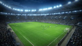 Elevated Establishing Static Shot of a Whole Stadium with Soccer Championship Match. Teams Play, Crowds of Fans Cheer. Football Tournament, Cup Broadcast. Sport Channel Television Playback. - Powered by Shutterstock - Get 15% off with code: PIKWIZARD15