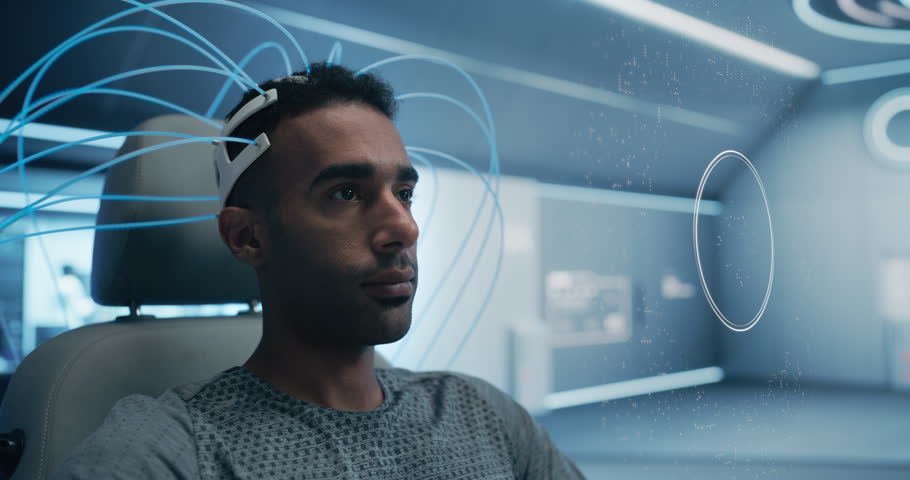 Man Wears a Neural Headset, Interacting With Holographic Data Interfaces. Simulations Controlled by Brainwave Activity, Advanced Research and Experiments in Cybernetics, Neuroscience