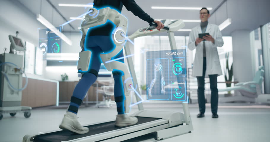 Woman in an Advanced Exoskeleton Undergoes Physical Therapy on a Treadmill, Monitored by a Doctor. Neura link Technology and Holographic Data Enhance Futuristic Rehabilitation and Healthcare.