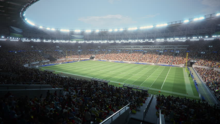 Day Aerial View of a Crowded American Football Stadium. Fans Fill the Stands, and the Field Is Ready for a Major Event. Excitement of a Championship Match With Spectators. Mockup 3D Realistic Graphics