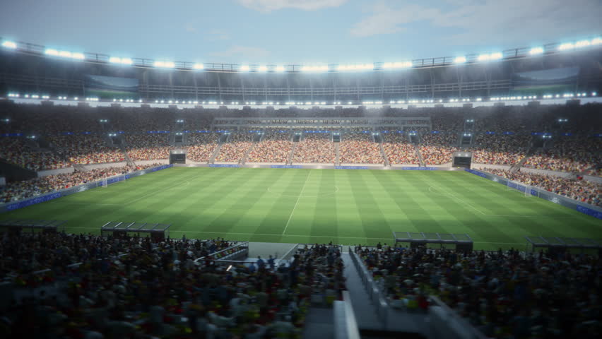 Day Aerial View of a Crowded Soccer Stadium. Fans Fill the Stands, and the Field Is Ready for a Major Event. Excitement of a Championship Match With Spectators. Mockup 3D Realistic Graphics