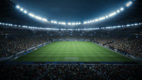 Night View of a Massive Soccer Stadium Filled With Spectators. the Arena Is Packed With Fans Surrounding the Pitch, With a Goal Visible. Thousands of Supporters at Major Sport Event. Static Wide Shot - Powered by Shutterstock - Get 15% off with code: PIKWIZARD15