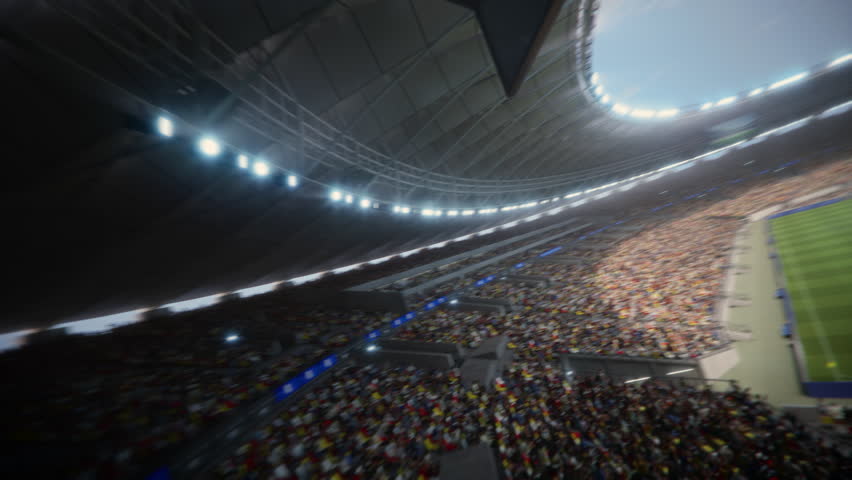 Drone Flight Around a Massive Soccer Stadium. Aerial Views Capture the Pitch, Stands Filled With Thousands of Spectators, and the Arena's Structure for a Sport Event. 360 Degree Orbital Cinematic Day 