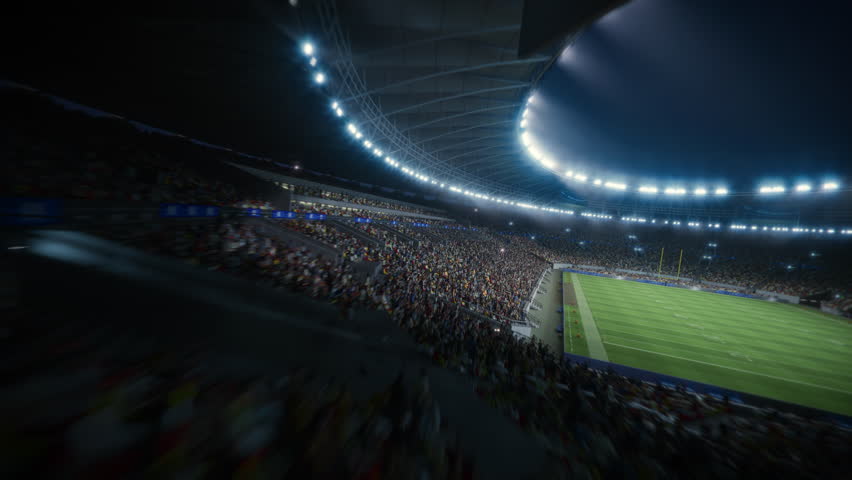 Day Drone Flight American Football Stadium During Major Event. 360 Degree Orbital Cinematic Flyover. Football Tournament, Cup Broadcast. Sports Channel Network Television Playback, Screen Content