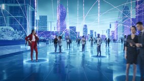 Futuristic Cityscape With Diverse Individuals Interacting Through Digital Devices, Connected by Glowing Data Streams, Illustrating Big Data, Machine Learning, and High-tech Trends in Communication. - Powered by Shutterstock - Get 15% off with code: PIKWIZARD15