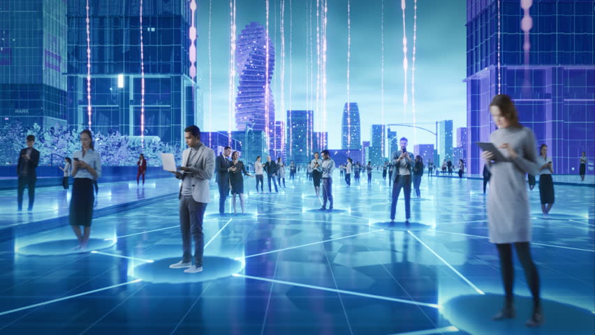 Futuristic Cityscape Where Diverse Individuals Engage With Digital Devices, Interconnected by Glowing Data Streams. Big Data, Machine Learning, and High-tech Communication. Abstract Information Lines