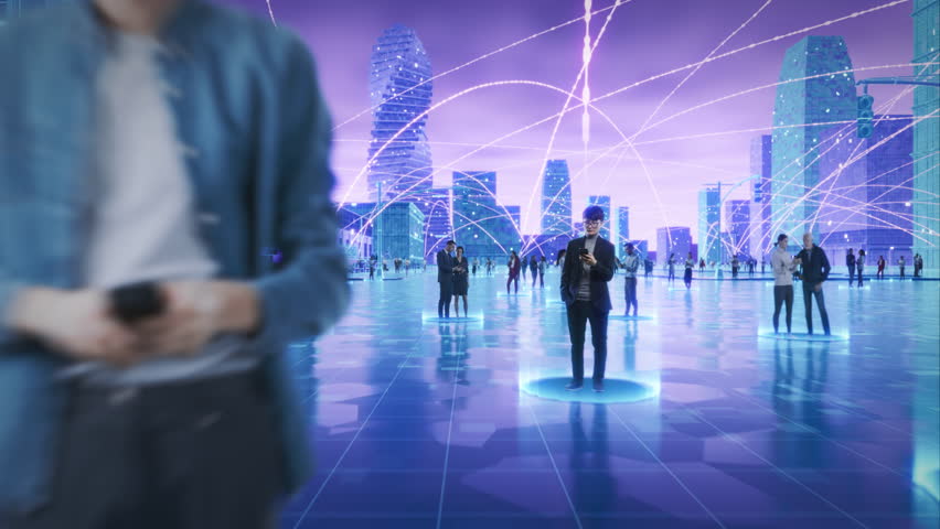 Happy People using Smartphone Devices in World Wide Connected Social Network. Diverse People do E-Business, Communicate, Send Messages. Visualization of Internet Virtual Reality Interconnected Persons