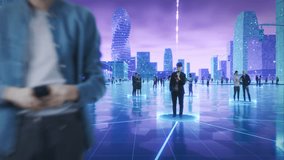 Futuristic Cityscape Where Diverse Individuals Engage With Digital Devices, Interconnected by Glowing Data Streams. Perfect for Illustrating Trends in Big Data, Machine Learning, and High-tech. - Powered by Shutterstock - Get 15% off with code: PIKWIZARD15